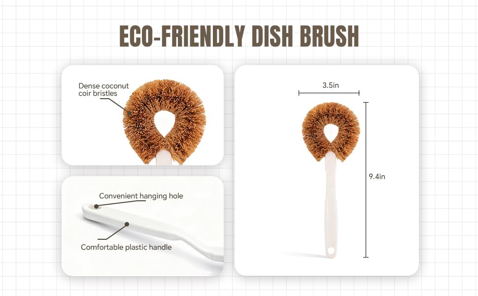 MI BRUSHAX Dish Brush – Heavy Duty Kitchen Scrub Brush with Plastic Handle & Natural Coconut Fiber Bristles, Pot Scrubber for Pans, Sinks & Cast Iron Skillets