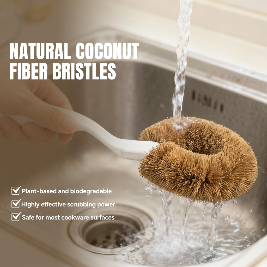 MI BRUSHAX Dish Brush – Heavy Duty Kitchen Scrub Brush with Plastic Handle & Natural Coconut Fiber Bristles, Pot Scrubber for Pans, Sinks & Cast Iron Skillets