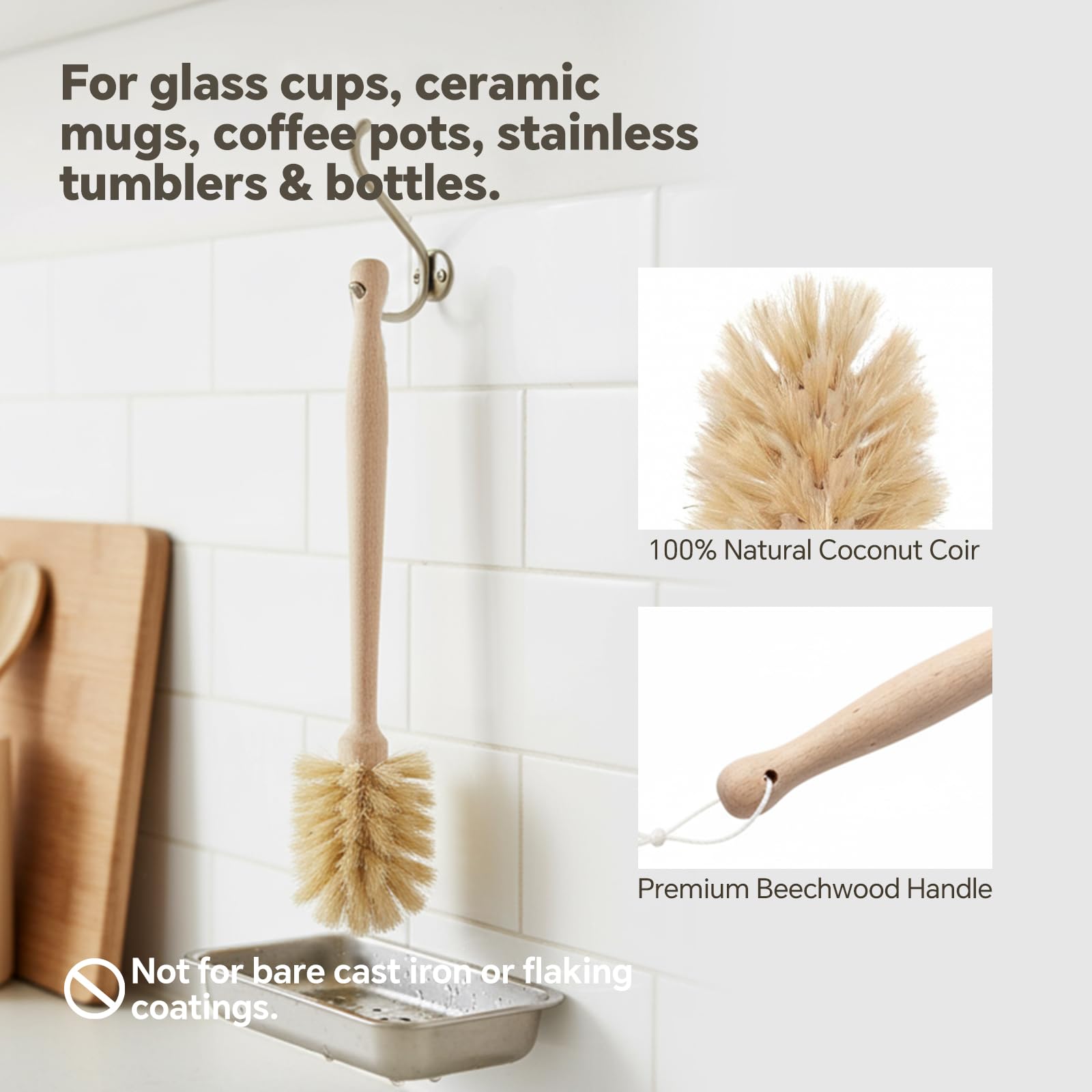 MI BRUSHAX Wooden Dish Brush - Round Kitchen Scrub Brush for Pots, Pans & Cast Iron Skillets - Heavy Duty Vegetable Scrubber & Sink Cleaner (Natural Beech)