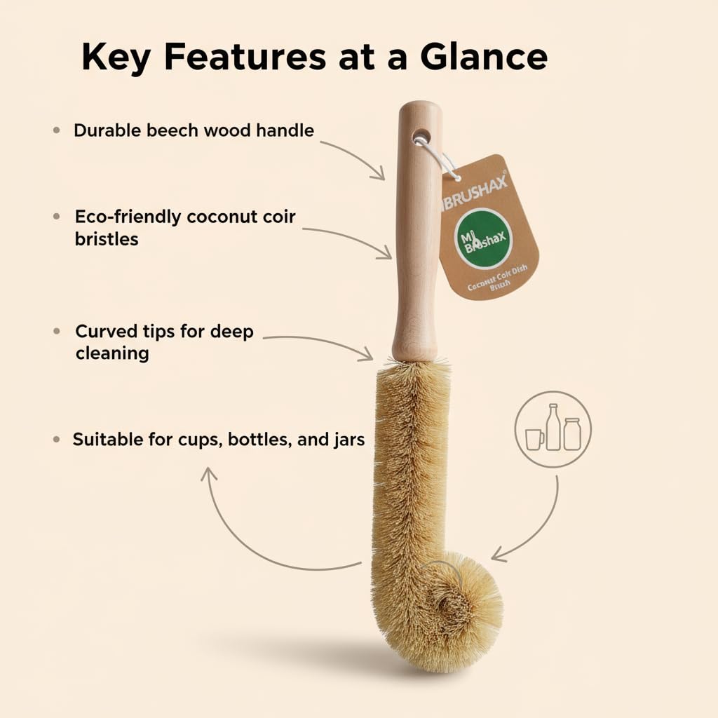 MI BRUSHAX Bottle Brush Cleaner,Long Beech Wood Handle Non-Scratch,L-Shape for Cleaning Coffee Cups,Mason,Thermos,Glass Bottle,Beer Bottles,Wine Bottles,Baby Bottle-4 Pack