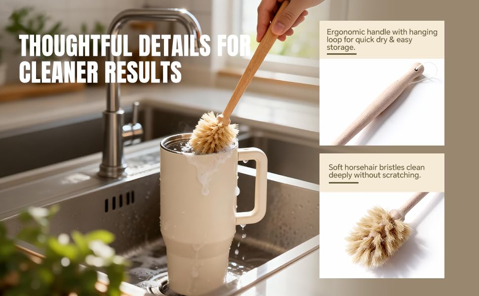 MI BRUSHAX Wooden Dish Brush - Round Kitchen Scrub Brush for Pots, Pans & Cast Iron Skillets - Heavy Duty Vegetable Scrubber & Sink Cleaner (Natural Beech)