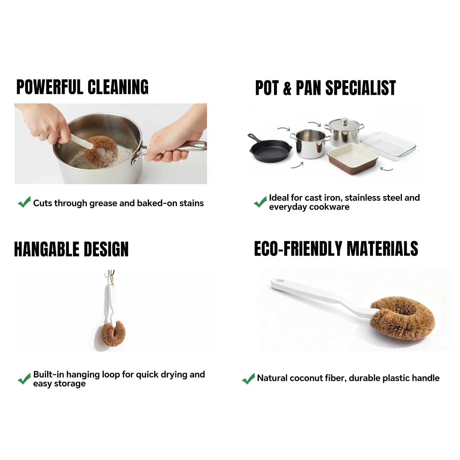 MI BRUSHAX Dish Brush – Heavy Duty Kitchen Scrub Brush with Plastic Handle & Natural Coconut Fiber Bristles, Pot Scrubber for Pans, Sinks & Cast Iron Skillets